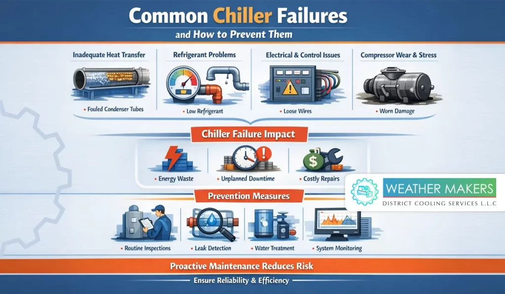 Diagram detailing chiller failure causes like fouled tubes and low refrigerant their impacts and prevention through monitoring 1024x597