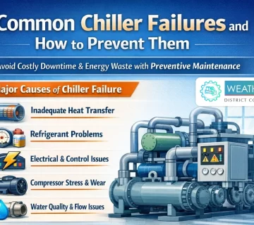 Infographic listing the major causes of chiller failure and how to prevent them through maintenance 