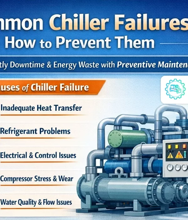 Infographic listing the major causes of chiller failure and how to prevent them through maintenance 