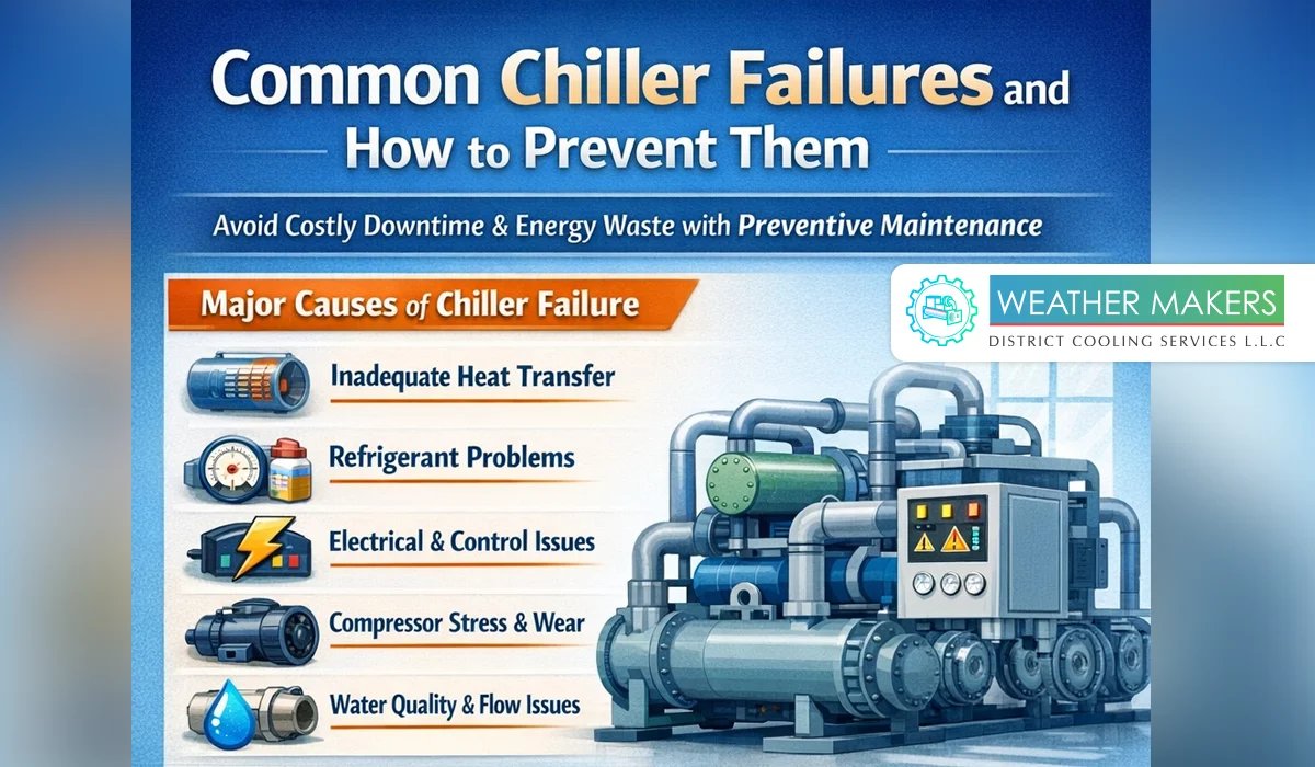 Infographic listing the major causes of chiller failure and how to prevent them through maintenance 