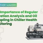 Educational graphic titled "The Importance of Regular Vibration Analysis and Oil Sampling in Chiller Health Monitoring" by Weather Makers, featuring an industrial chiller unit 