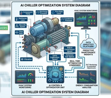 Diagram of AI Chiller Optimization showing real time data monitoring, predictive maintenance, and energy analysis for smart chiller control systems 