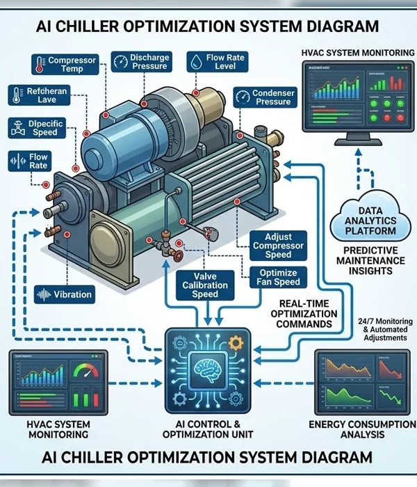 Diagram of AI Chiller Optimization showing real time data monitoring, predictive maintenance, and energy analysis for smart chiller control systems 
