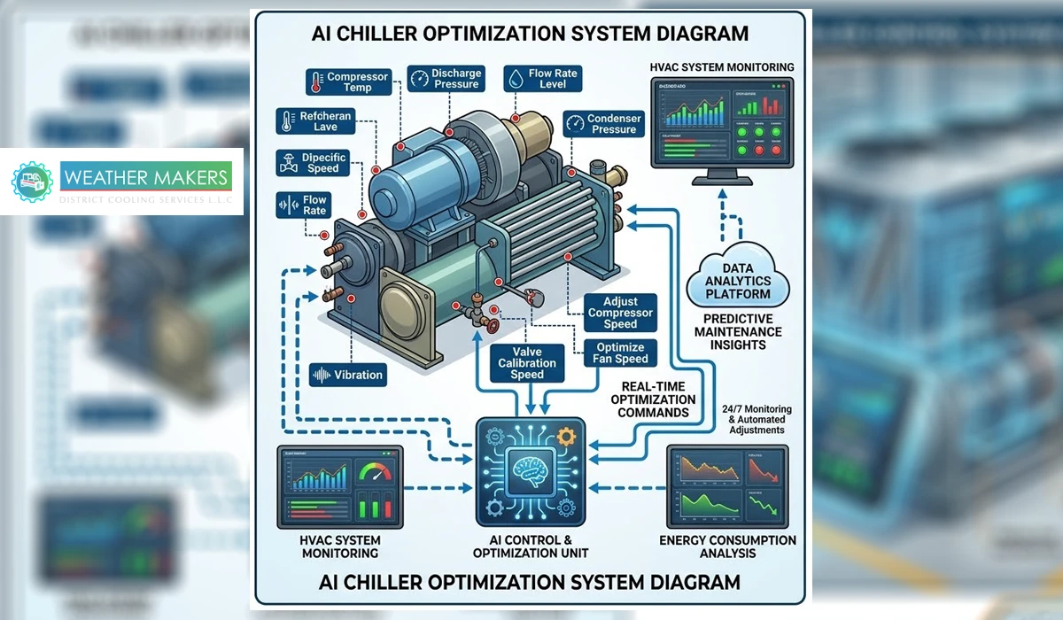 Diagram of AI Chiller Optimization showing real time data monitoring, predictive maintenance, and energy analysis for smart chiller control systems 
