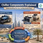 A technical infographic by Weather Makers District Cooling Services covering Chiller Components Explained, including compressor lubrication, vibration analysis, condenser cleaning, and electrical component calibration 