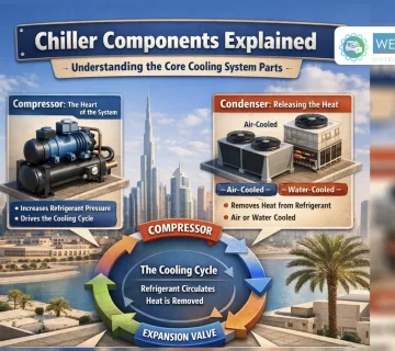 A technical infographic by Weather Makers District Cooling Services covering Chiller Components Explained, including compressor lubrication, vibration analysis, condenser cleaning, and electrical component calibration 
