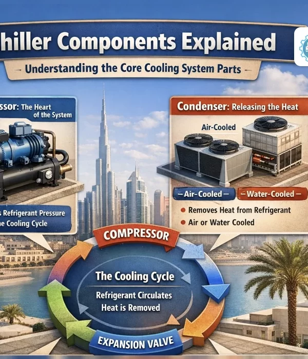 A technical infographic by Weather Makers District Cooling Services covering Chiller Components Explained, including compressor lubrication, vibration analysis, condenser cleaning, and electrical component calibration 