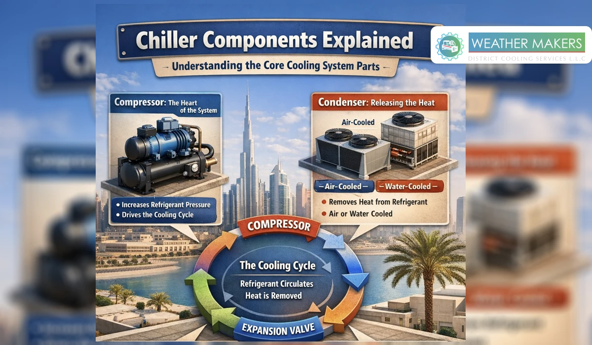 A technical infographic by Weather Makers District Cooling Services covering Chiller Components Explained, including compressor lubrication, vibration analysis, condenser cleaning, and electrical component calibration 