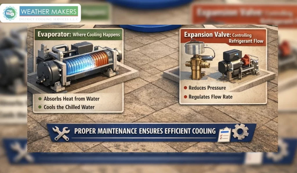 Infographic for Weather Makers District Cooling Services explaining key chiller components including the evaporator for heat absorption and the expansion valve for refrigerant flow regulation 
