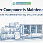 A technical blueprint style illustration of an industrial chiller unit being serviced  The image includes a foreground clipboard with a checklist and a multimeter testing the electrical panel  The headline reads "Chiller Components Maintenance: The Secret to Maximum Efficiency and Zero Downtime 