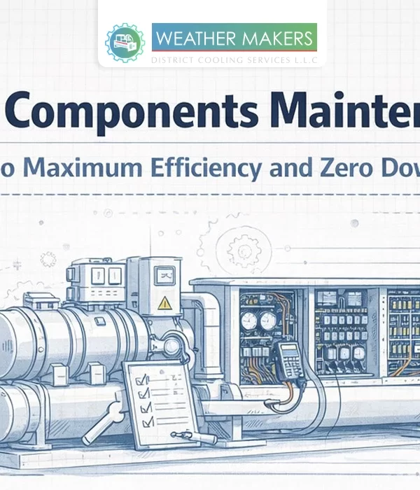 A technical blueprint style illustration of an industrial chiller unit being serviced  The image includes a foreground clipboard with a checklist and a multimeter testing the electrical panel  The headline reads "Chiller Components Maintenance: The Secret to Maximum Efficiency and Zero Downtime 
