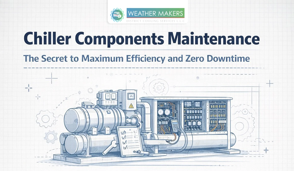 A technical blueprint style illustration of an industrial chiller unit being serviced  The image includes a foreground clipboard with a checklist and a multimeter testing the electrical panel  The headline reads "Chiller Components Maintenance: The Secret to Maximum Efficiency and Zero Downtime 