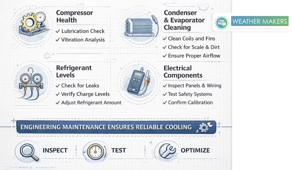 Infographic outlining four chiller maintenance categories: Compressor Health, Condenser & Evaporator Cleaning, Refrigerant Levels, and Electrical Components  It lists tasks like lubrication checks, coil cleaning, leak detection, and panel inspection, with a footer emphasizing Inspect, Test, and Optimize 