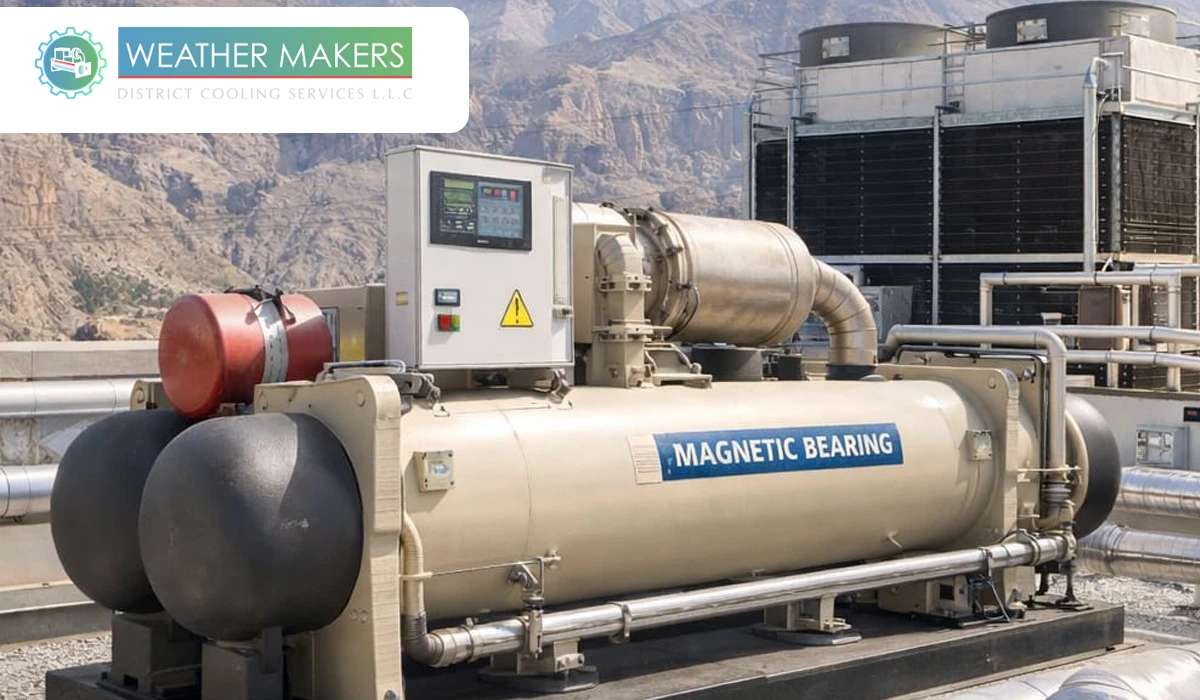A large scale industrial magnetic bearing chiller unit installed at an outdoor facility with a control panel and "Magnetic Bearing" signage, showcasing energy efficient cooling technology by Weather Makers 
