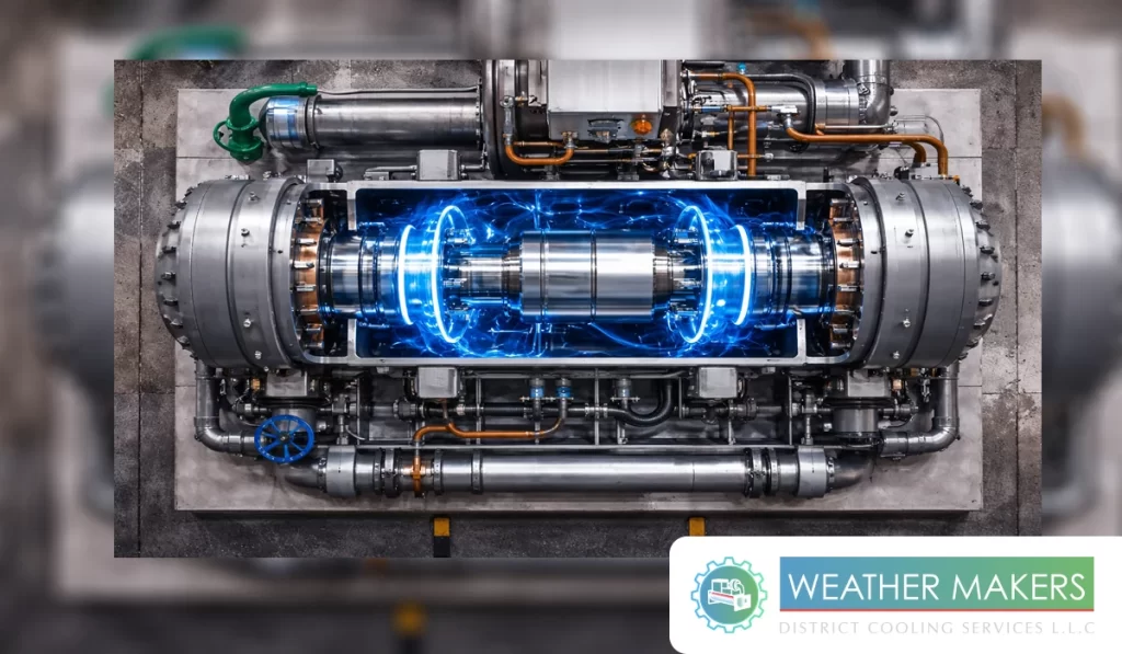 A top down detailed view of the internal magnetic levitation system within magnetic bearing chillers, featuring glowing blue electromagnetic rings that eliminate friction in the compressor 