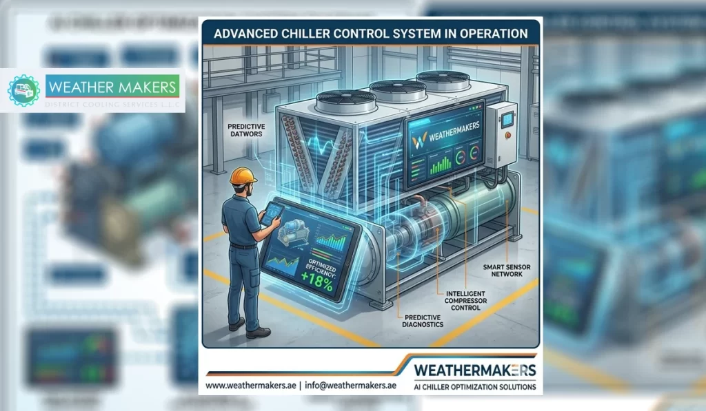 An engineer using a tablet to monitor an advanced chiller system featuring a smart sensor network, predictive diagnostics, and intelligent compressor control for optimized efficiency 