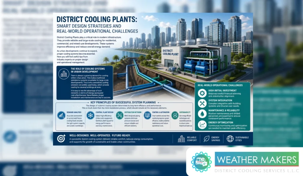 District Cooling Plants: Smart Design Strategies and Real-World Operational Challenges An informative infographic by Weather Makers detailing smart design strategies for district cooling plants, highlighting key principles like demand analysis, sustainability, and real world operational challenges in urban environments