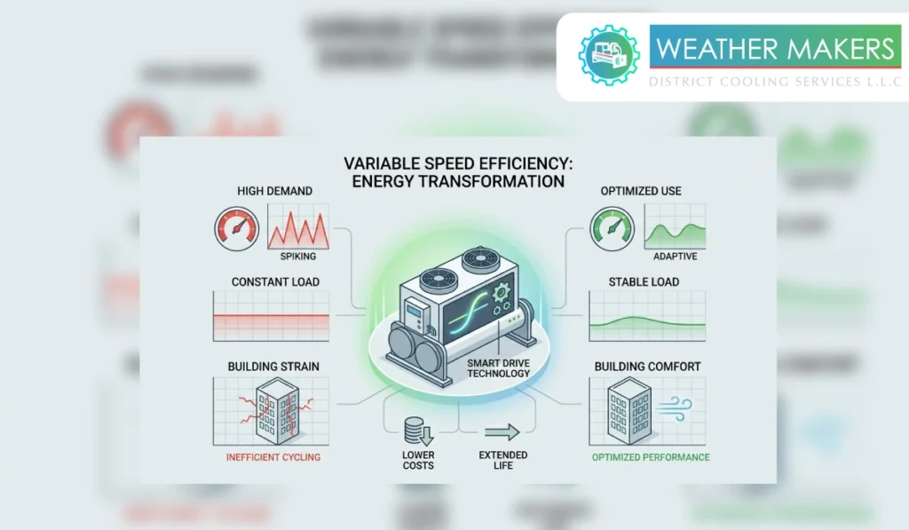 A performance chart highlighting the transition from inefficient cycling and building strain to optimized performance  It shows how variable speed compressors in chillers provide adaptive loading and stable building comfort while lowering operating costs and extending equipment life 
