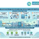 A technical illustration showing the integration of AI based predictive maintenance, remote control systems, and data analytics into district cooling plants to improve system control and reduce operational risks 