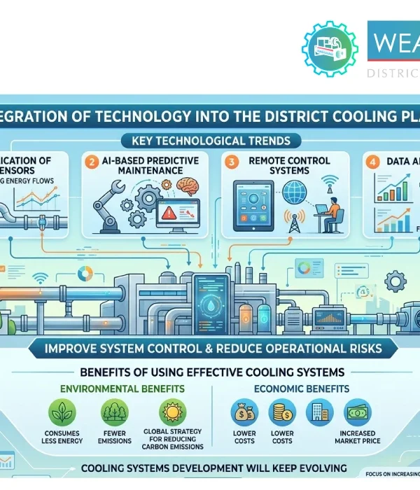A technical illustration showing the integration of AI based predictive maintenance, remote control systems, and data analytics into district cooling plants to improve system control and reduce operational risks 