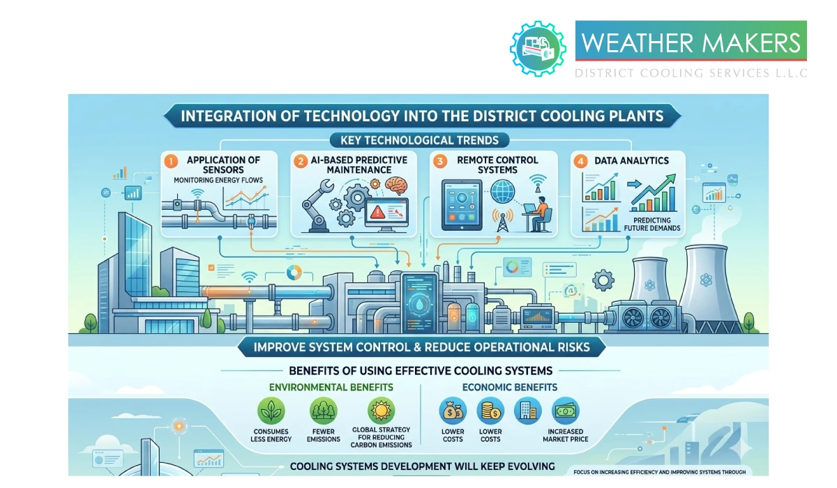 District Cooling Plants: Smart Design Strategies and Real-World Operational Challenges A technical illustration showing the integration of AI based predictive maintenance, remote control systems, and data analytics into district cooling plants to improve system control and reduce operational risks