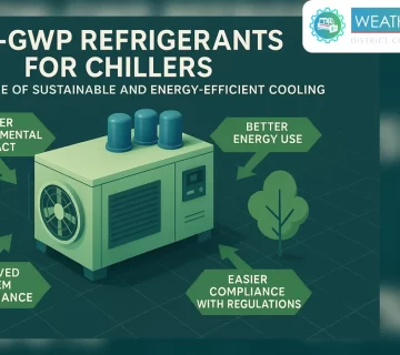 An infographic illustrating a green industrial chiller unit surrounded by benefit callouts for Low GWP Refrigerants for Chillers, including lower environmental impact, better energy use, improved system performance, and easier regulatory compliance 