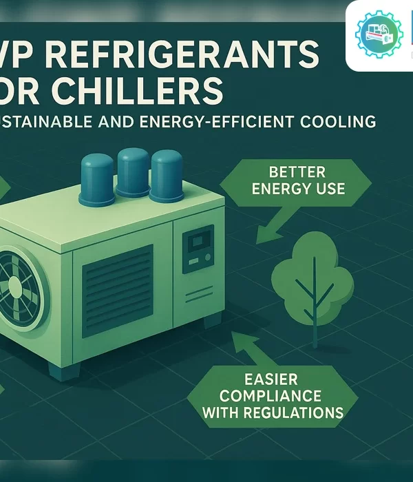 An infographic illustrating a green industrial chiller unit surrounded by benefit callouts for Low GWP Refrigerants for Chillers, including lower environmental impact, better energy use, improved system performance, and easier regulatory compliance 