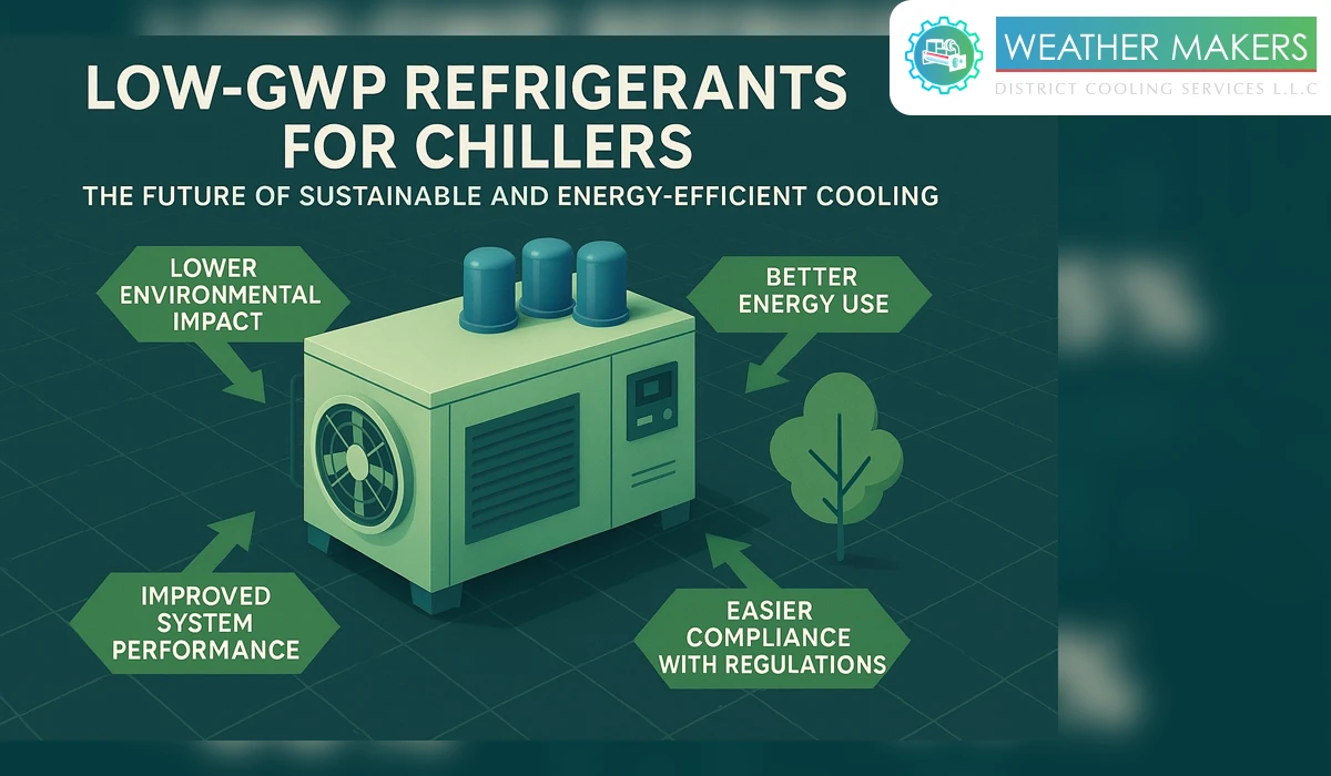 Low-GWP Refrigerants for Chillers: The Future of Sustainable and Energy-Efficient Cooling An infographic illustrating a green industrial chiller unit surrounded by benefit callouts for Low GWP Refrigerants for Chillers, including lower environmental impact, better energy use, improved system performance, and easier regulatory compliance