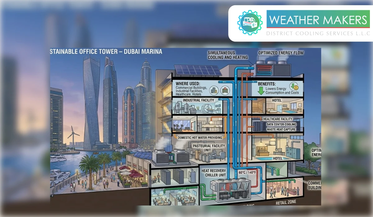 A detailed cross section infographic of a sustainable office tower in Dubai Marina, illustrating how Heat Recovery Chillers for Simultaneous Heating and Cooling provide hot water and climate control across hotels, retail zones, and data centers 