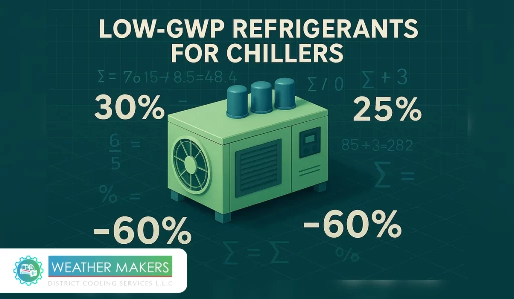 Low-GWP Refrigerants for Chillers: The Future of Sustainable and Energy-Efficient Cooling A technical graphic of a chiller unit displaying the impact of Low GWP Refrigerants for Chillers, featuring percentage improvements such as a 30% increase in efficiency and a 60% reduction in environmental footprint, overlaid with mathematical symbols