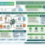 A technical banner explaining the four stage process of absorbing, transferring, redirecting, and providing energy using Heat Recovery Chillers for Simultaneous Heating and Cooling in commercial and industrial facilities 
