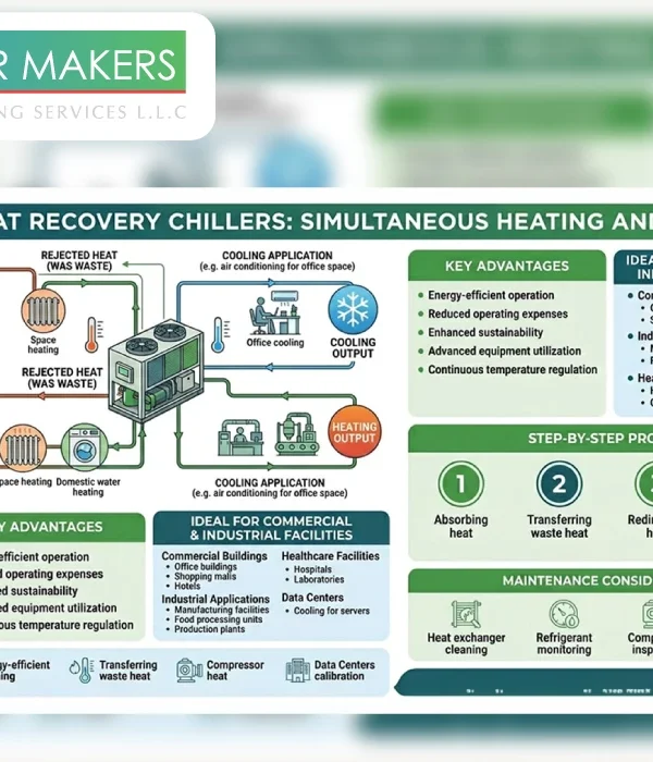 A technical banner explaining the four stage process of absorbing, transferring, redirecting, and providing energy using Heat Recovery Chillers for Simultaneous Heating and Cooling in commercial and industrial facilities 