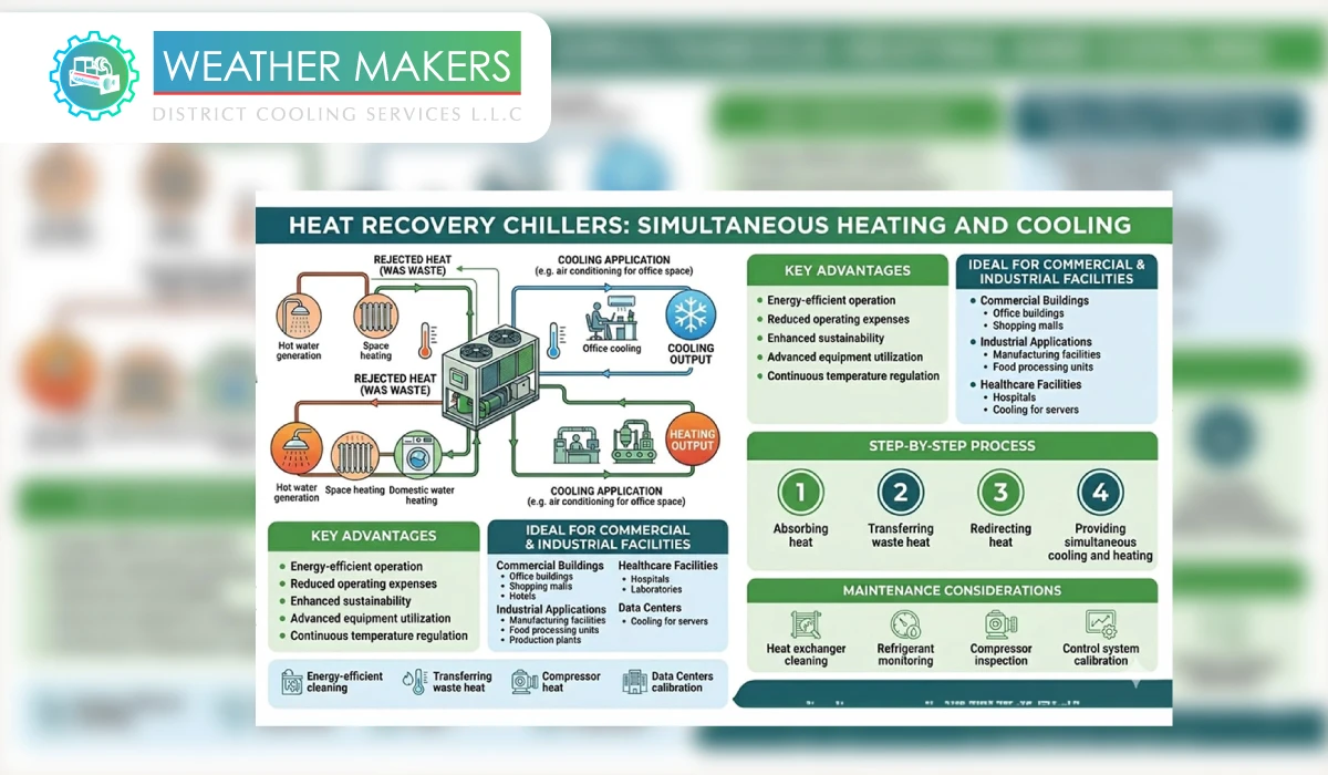 A technical banner explaining the four stage process of absorbing, transferring, redirecting, and providing energy using Heat Recovery Chillers for Simultaneous Heating and Cooling in commercial and industrial facilities 