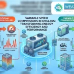 An educational infographic by Weather Makers comparing traditional fixed speed chillers with variable speed compressors in chillers  It illustrates how smart drive technology leads to up to 50% energy savings, precise indoor temperatures, and quieter operation compared to inefficient on/off cycling 