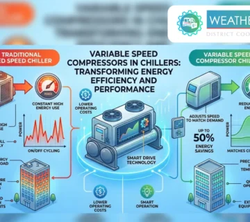 An educational infographic by Weather Makers comparing traditional fixed speed chillers with variable speed compressors in chillers  It illustrates how smart drive technology leads to up to 50% energy savings, precise indoor temperatures, and quieter operation compared to inefficient on/off cycling 