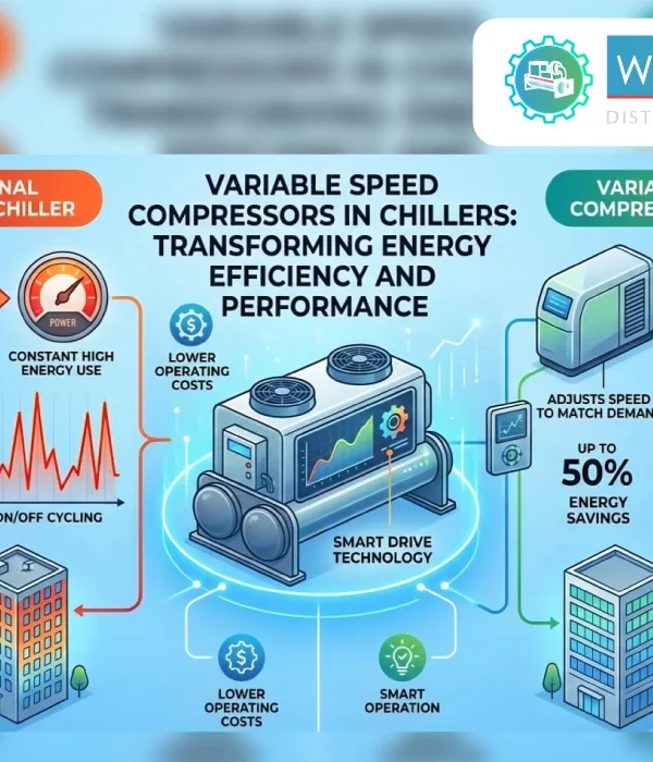 An educational infographic by Weather Makers comparing traditional fixed speed chillers with variable speed compressors in chillers  It illustrates how smart drive technology leads to up to 50% energy savings, precise indoor temperatures, and quieter operation compared to inefficient on/off cycling 