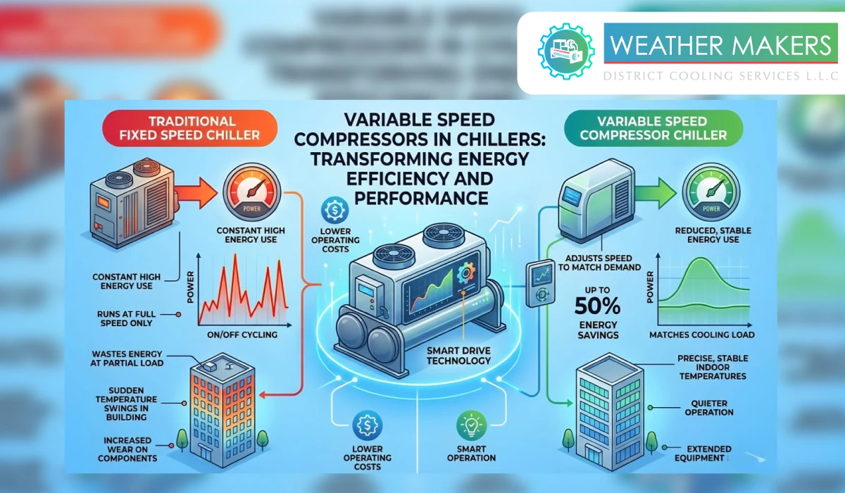 An educational infographic by Weather Makers comparing traditional fixed speed chillers with variable speed compressors in chillers  It illustrates how smart drive technology leads to up to 50% energy savings, precise indoor temperatures, and quieter operation compared to inefficient on/off cycling 