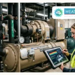 A facility technician using a tablet for smart chiller integration and real time monitoring of a York industrial chiller system in a district cooling plant 