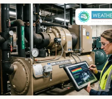A facility technician using a tablet for smart chiller integration and real time monitoring of a York industrial chiller system in a district cooling plant 
