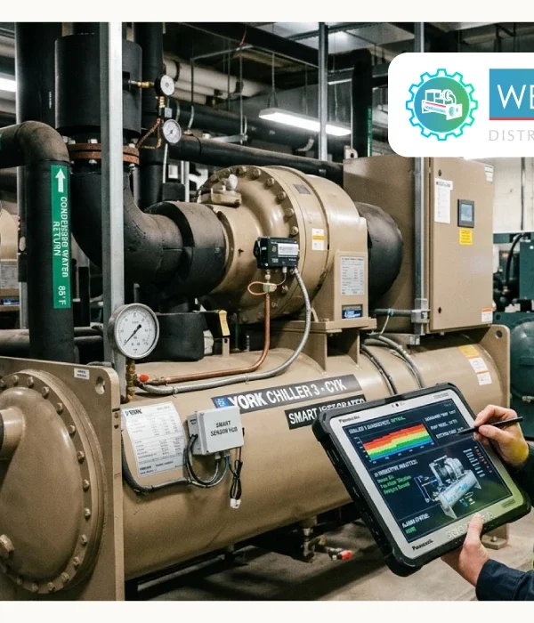 A facility technician using a tablet for smart chiller integration and real time monitoring of a York industrial chiller system in a district cooling plant 