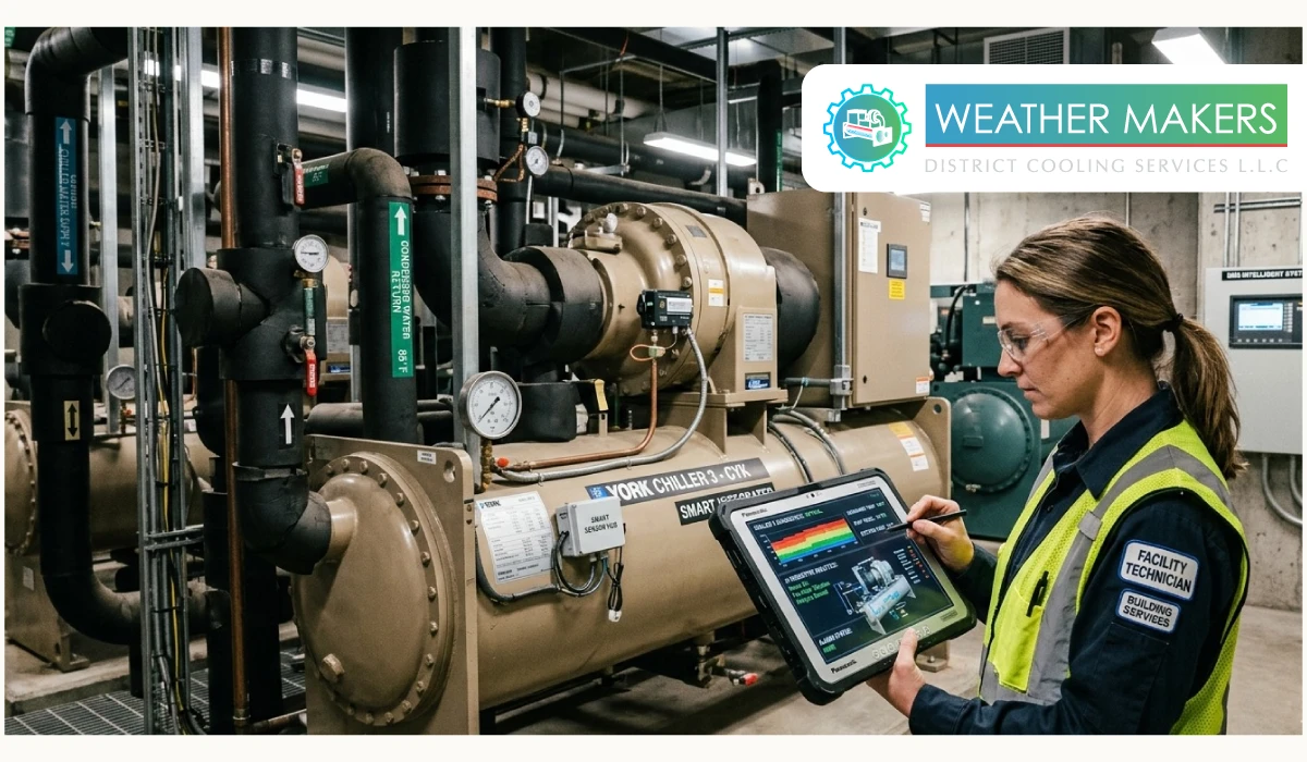 A facility technician using a tablet for smart chiller integration and real time monitoring of a York industrial chiller system in a district cooling plant 
