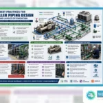 Best Practices for Chiller Piping Design and Layout Optimization infographic showing efficient chilled water piping, valves, pumps, cooling tower, and maintenance planning 