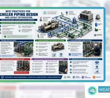 Best Practices for Chiller Piping Design and Layout Optimization infographic showing efficient chilled water piping, valves, pumps, cooling tower, and maintenance planning 