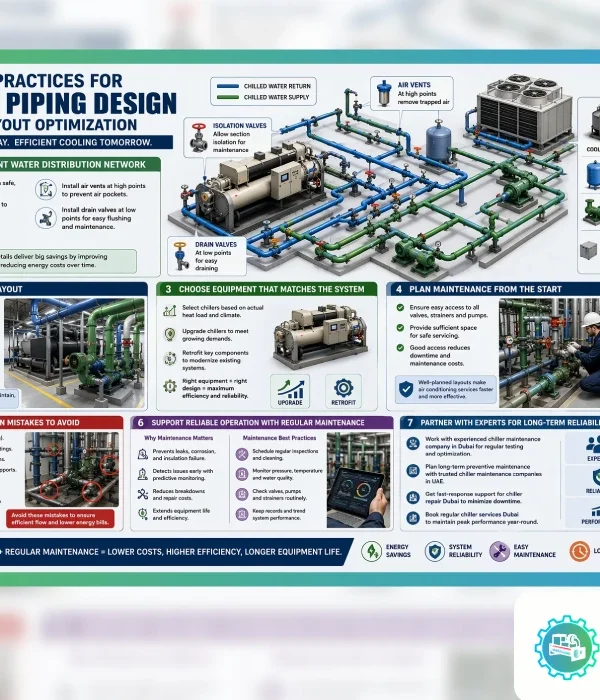 Best Practices for Chiller Piping Design and Layout Optimization infographic showing efficient chilled water piping, valves, pumps, cooling tower, and maintenance planning 