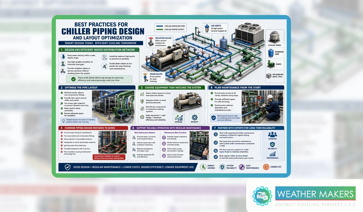 Best Practices for Chiller Piping Design and Layout Optimization infographic showing efficient chilled water piping, valves, pumps, cooling tower, and maintenance planning 