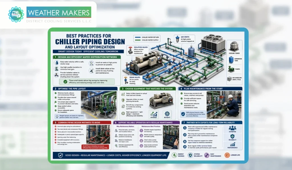 Best Practices for Chiller Piping Design and Layout Optimization diagram featuring chiller equipment selection, pipe layout, air vents, drain valves, and preventive maintenance 
