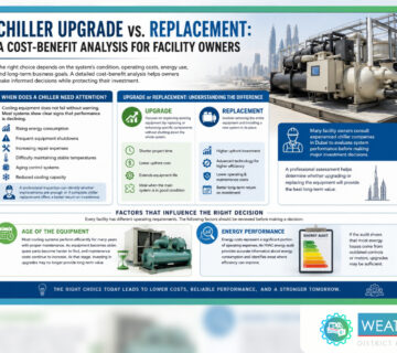 Chiller upgrade cost benefit analysis infographic explaining when to upgrade or replace a commercial chiller based on equipment age, energy performance, and operating costs 