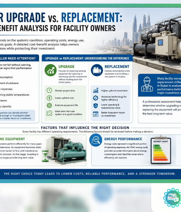 Chiller upgrade cost benefit analysis infographic explaining when to upgrade or replace a commercial chiller based on equipment age, energy performance, and operating costs 