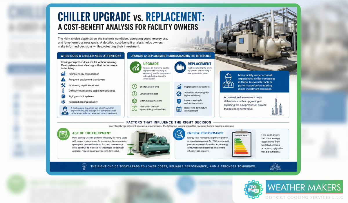 Chiller upgrade cost benefit analysis infographic explaining when to upgrade or replace a commercial chiller based on equipment age, energy performance, and operating costs 