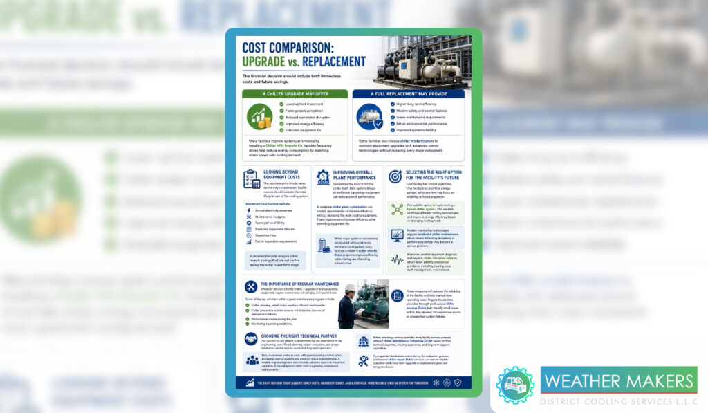 Chiller upgrade cost comparison infographic showing the benefits of upgrading versus replacing a commercial chiller system for improved energy efficiency and reduced operating costs 